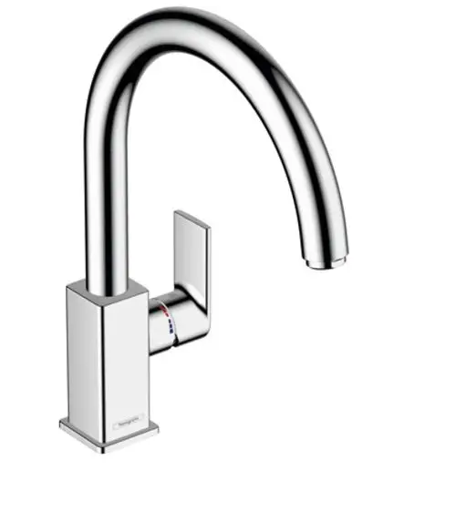 Chromierter Wasserhahn mit geschwungenem Auslauf und quadratischem Griff, ideal für moderne Badezimmer und Küchen.